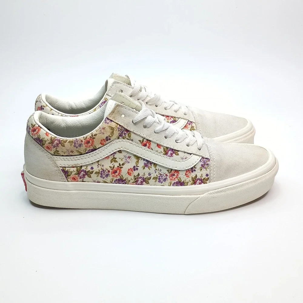 Vans Old Skool Floral Print Sneakers Cream‎ White Suede Womens 8 Mens 6.5 500714